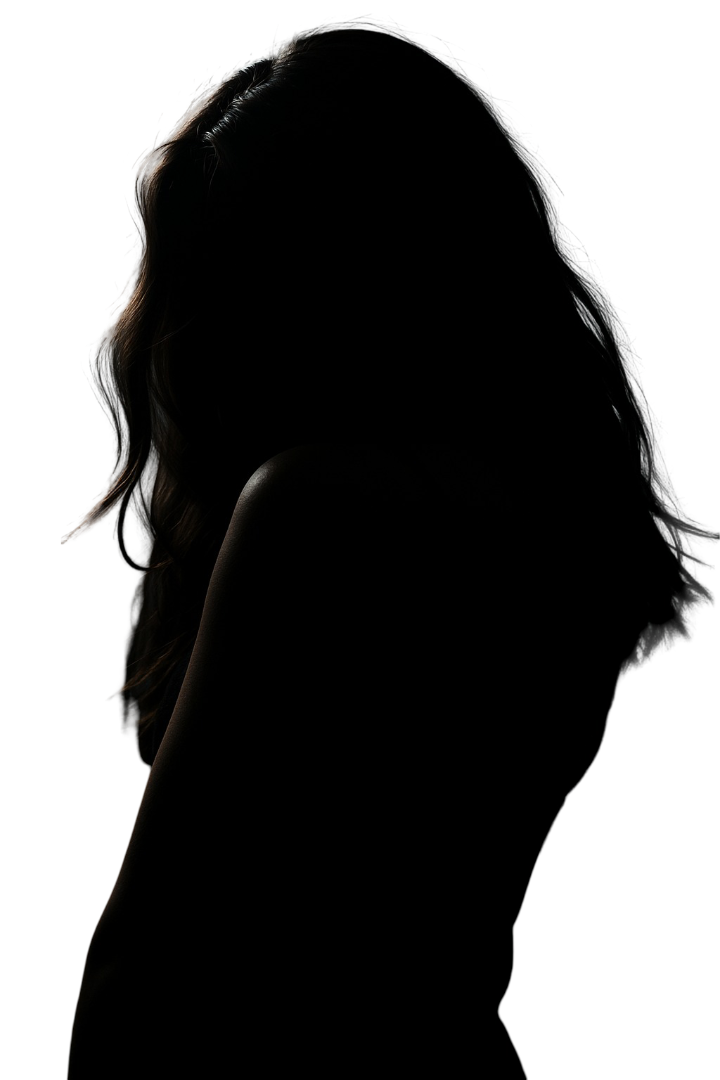 Silhouette of Raven Hunt, faceless figure with long hair standing in shadow